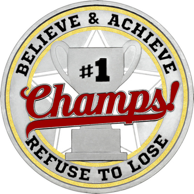 Maroon "Champs!" with Gold Outer Circular Borders